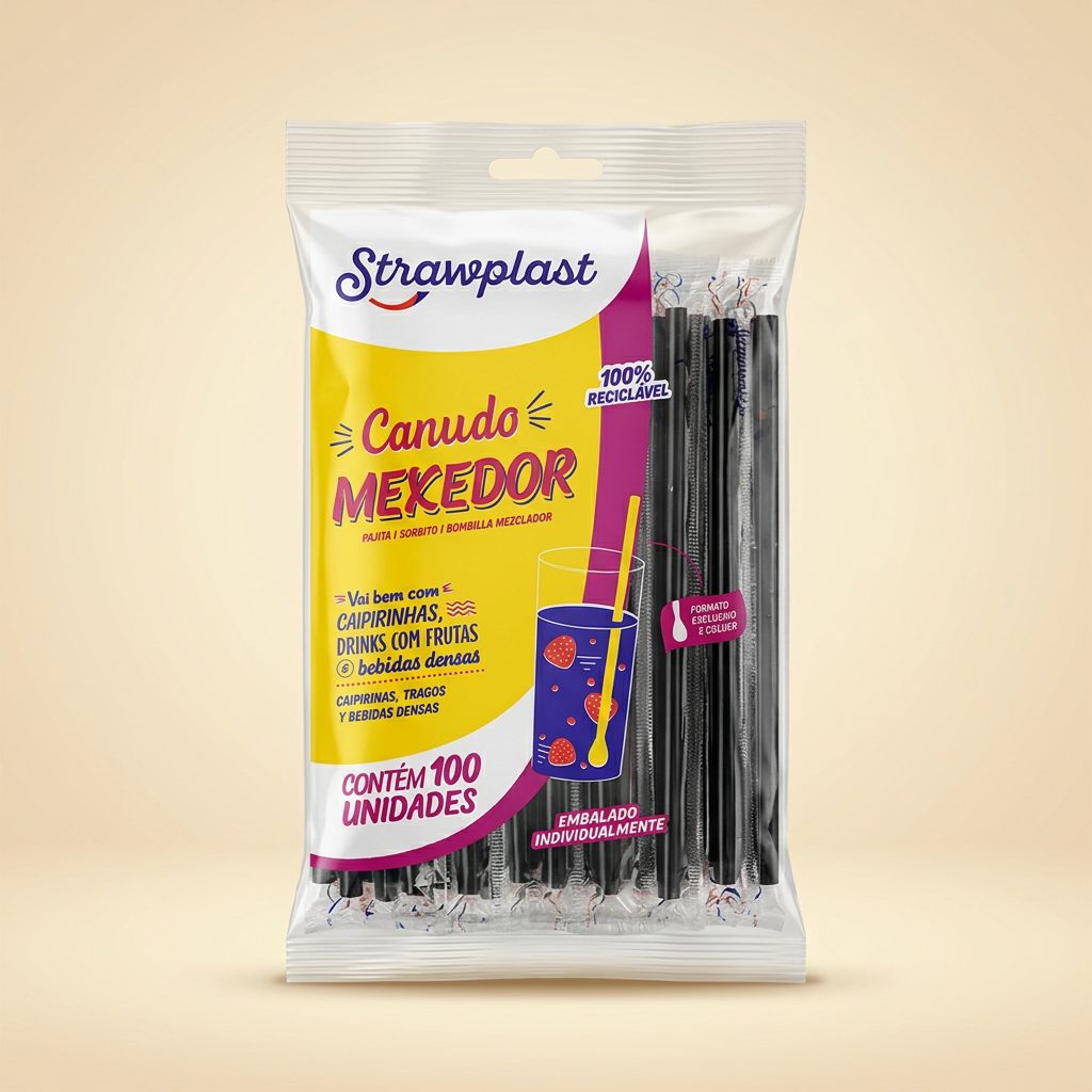 Canudo Mexedor Strawplast Preto — 100 un