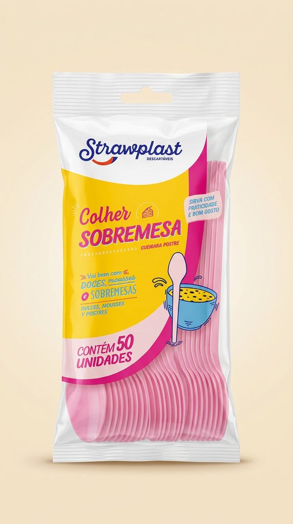 Colher Sobremesa Strawplast Rosa — 50 un