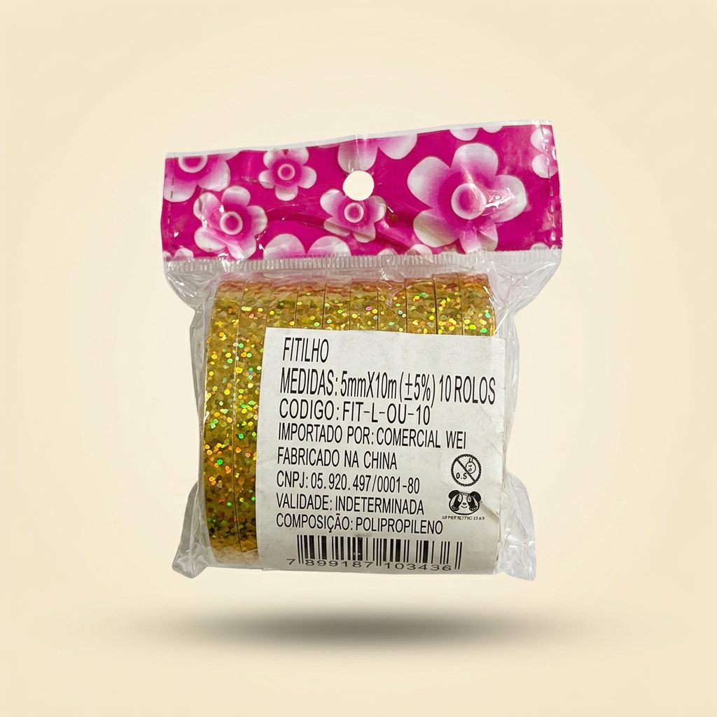 Fitilho Glitter Dourado Holográfico — 10 rolos
