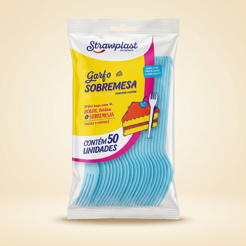 Garfo Sobremesa Strawplast Azul Claro — 50 un
