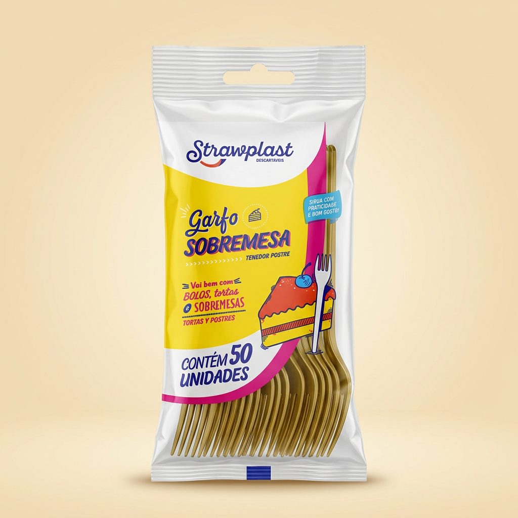 Garfo Sobremesa Strawplast Dourado — 50 un