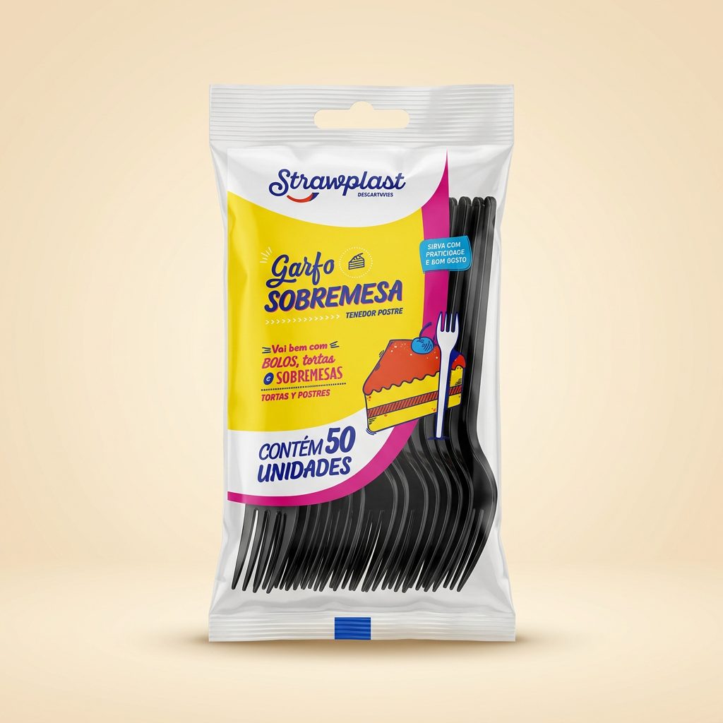 Garfo Sobremesa Strawplast Preto — 50 un