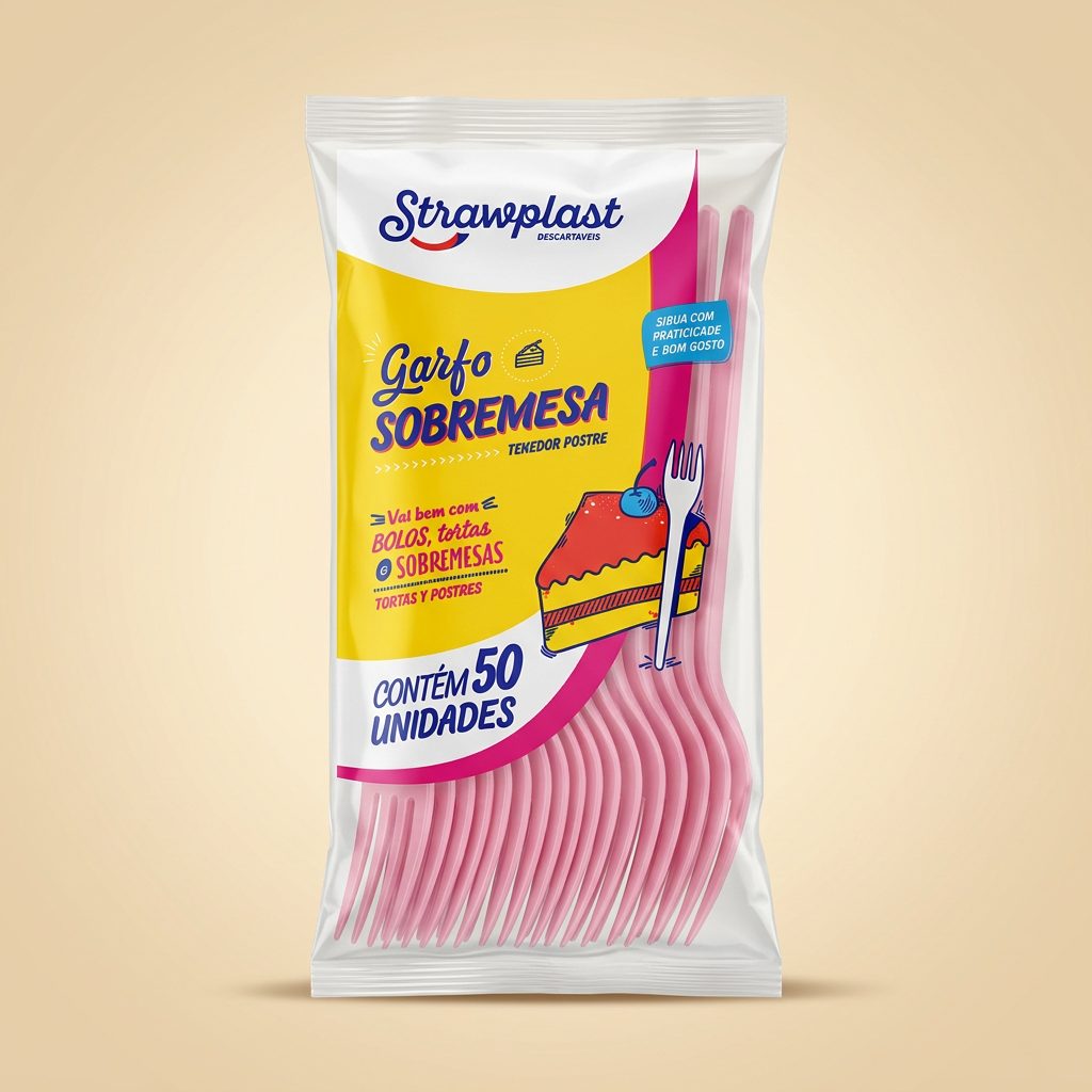 Garfo Sobremesa Strawplast Rosa — 50 un