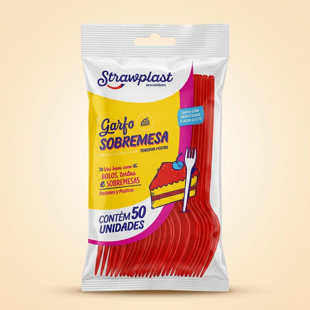 Garfo Sobremesa Strawplast Vermelho — 50 un