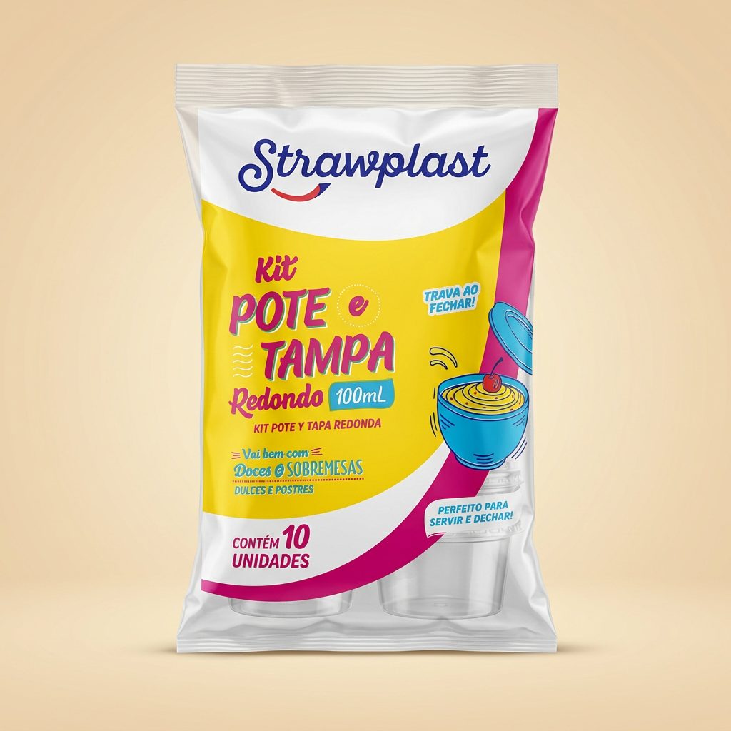 Kit Pote e Tampa Redondo 100 ml Strawplast — 10 un