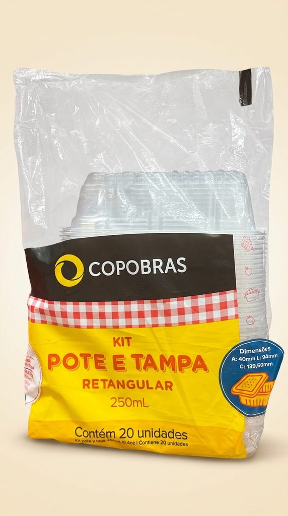 Kit Pote e Tampa Retangular 250ml Copobras — 20 un