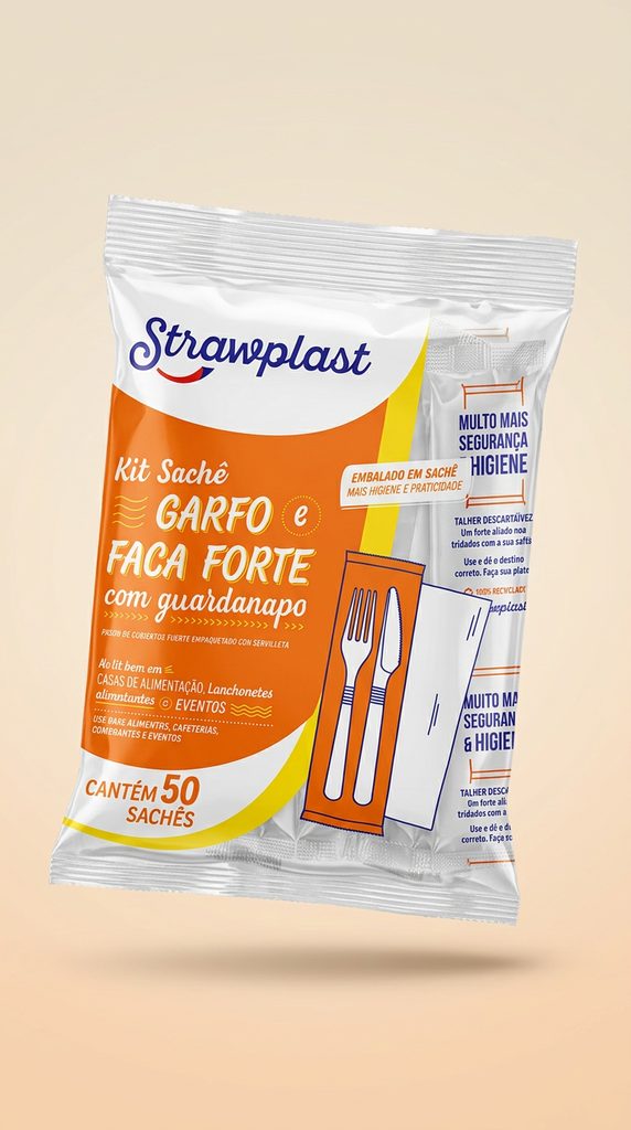 Kit Sachê Garfo e Faca Forte com Guardanapo Strawplast — 50 sachês