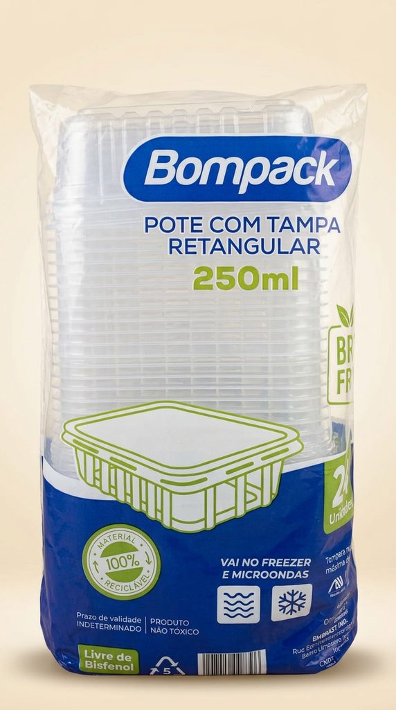 Pote com Tampa Retangular 250ml Bompack — 24 un