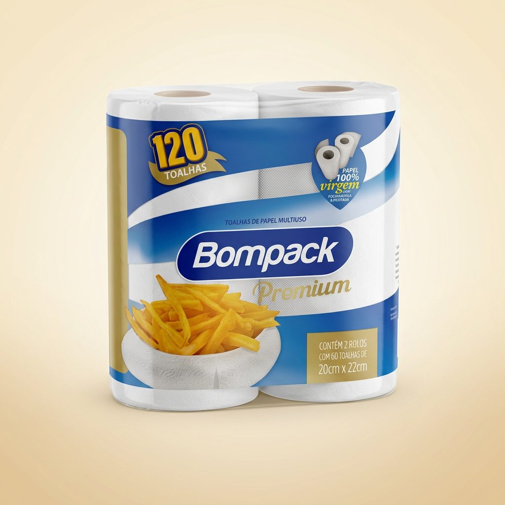 Toalha de Papel Bompack Premium — 2 rolos c/ 60 toalhas (20 x 22 cm)