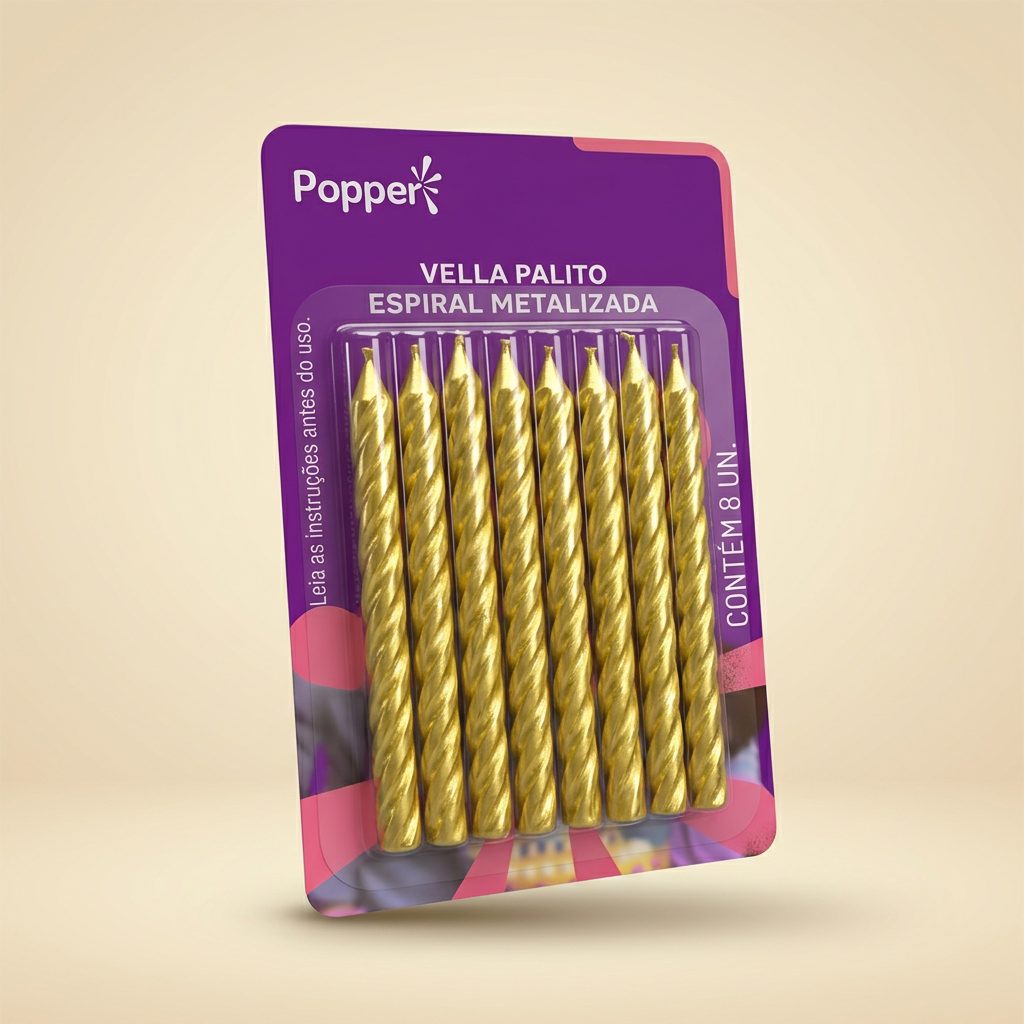 Vela Palito Espiral Metalizada Dourada Popper — 8 un
