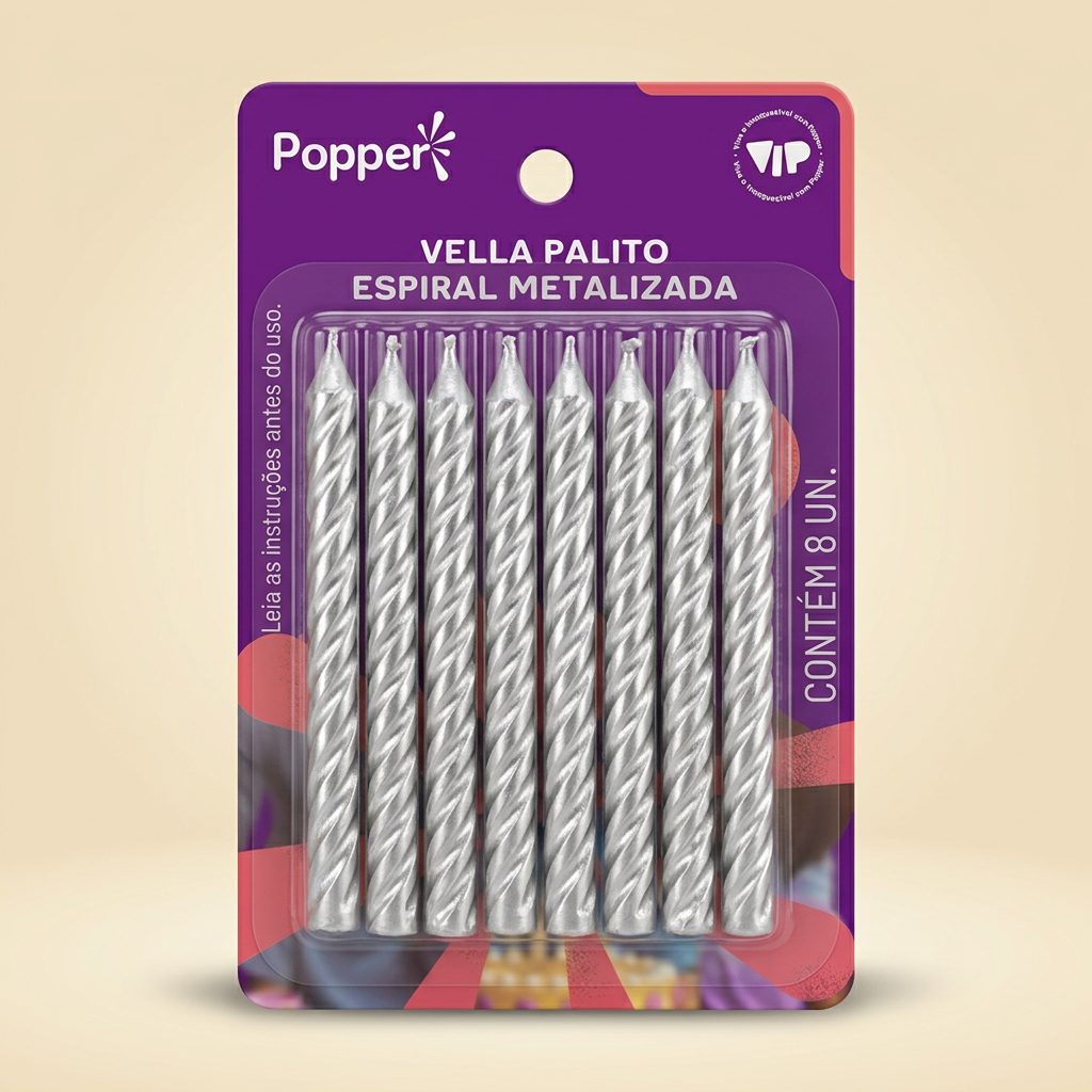 Vela Palito Espiral Metalizada Prata Popper — 8 un